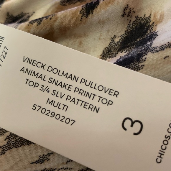 Chicos Brand new with tags v neck Dolman sleeve Animal /Snake 3 XL $99.00 silky - Picture 5 of 7